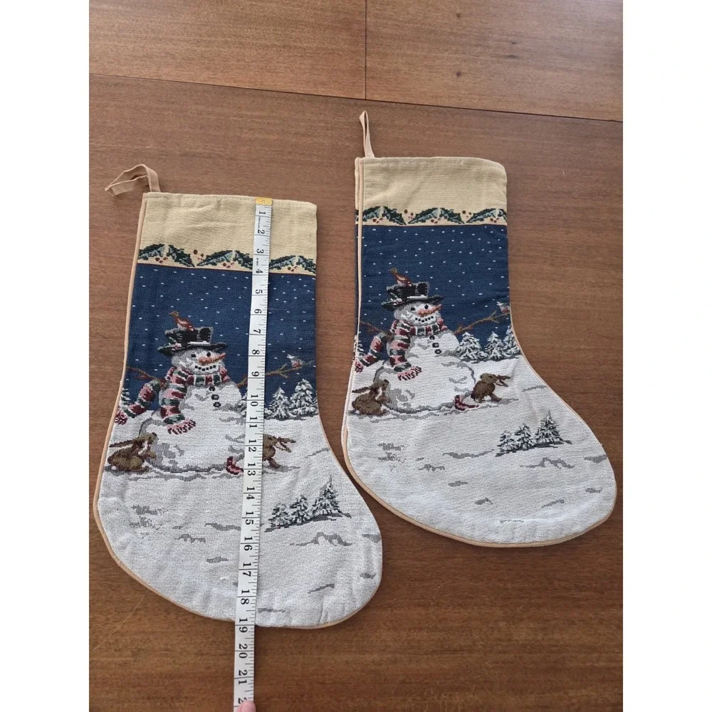 Pair Of Tapestry Snowman Christmas Stockings Winter Wonderland Animals Holly